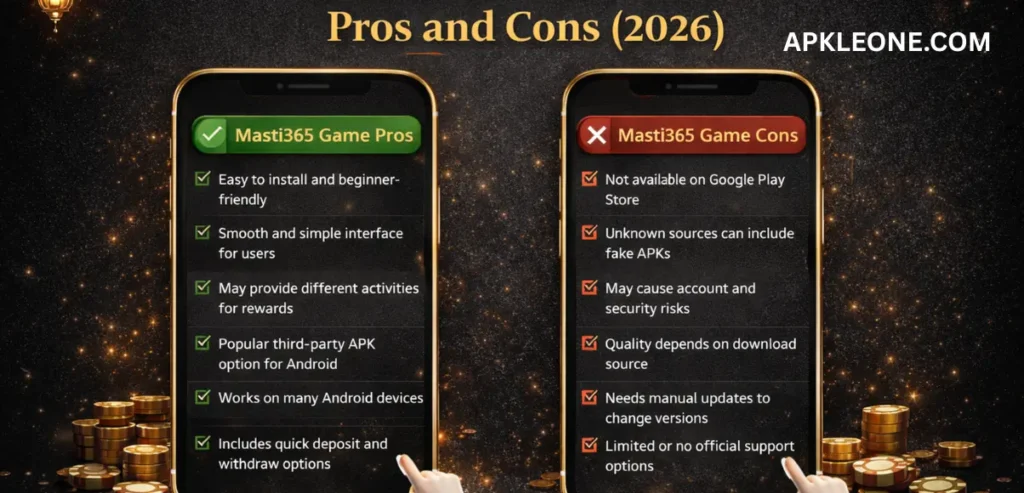 Masti365 Game Download: Best And Latest Earning App 2026 5 Masti365 Game pros and cons 2026 comparison shown on two mobile screens with green pros and red cons list.