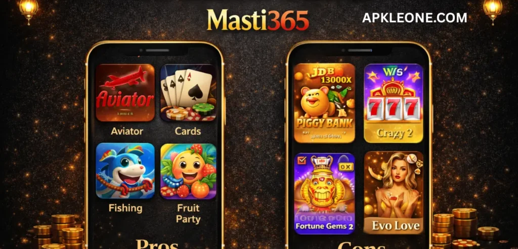 Masti365 Game Download: Best And Latest Earning App 2026 4 Masti365 available games list is shown on two mobile screens including Aviator, Cards, Fishing, Fruit Party, Piggy Bank, Crazy 777, Fortune Gems, and Evo Love.