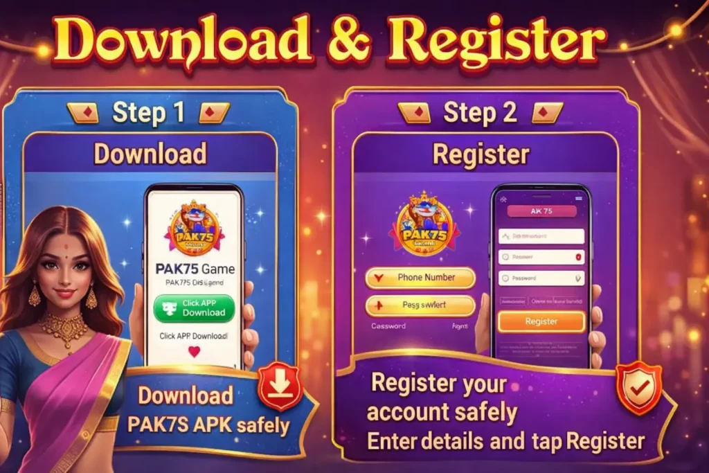 PAK75 Game Download: (New Earning App) in Pakistan 2026 5 PAK75 Game download and register guide image showing Step 1 APK download and Step 2 account registration on mobile