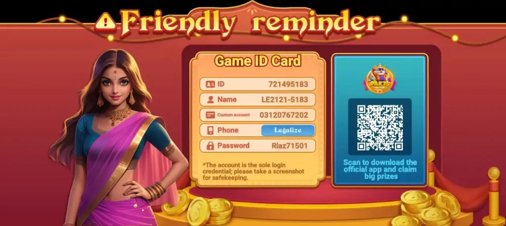 PAK75 Game Download: (New Earning App) in Pakistan 2026 4 PAK75 Game friendly reminder screen showing Game ID Card details and QR code to download the official app