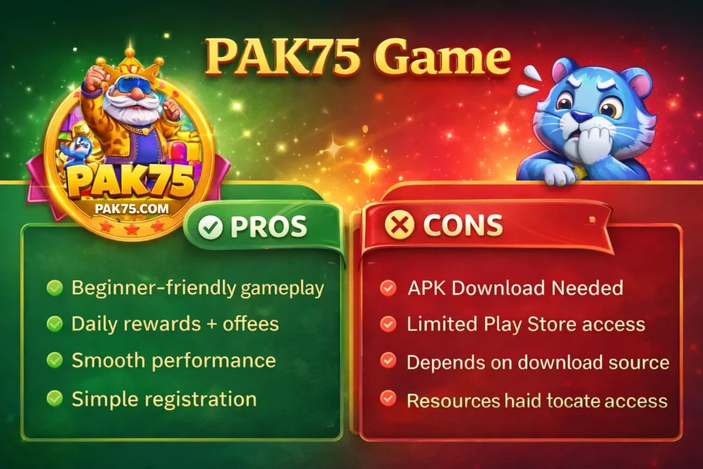 PAK75 Game Download: (New Earning App) in Pakistan 2026 6 PAK75 Game pros and cons image showing beginner-friendly gameplay benefits and APK download risks in a green and red comparison design