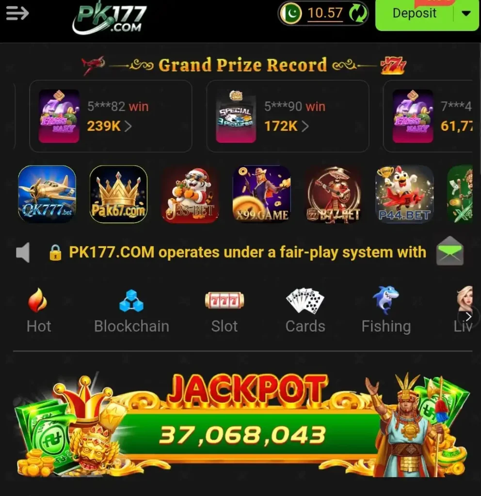 PK177 Game Download: (Best Earning App) In 2026 3 PK177.com app dashboard showing deposit button, grand prize record, game icons, and jackpot banner