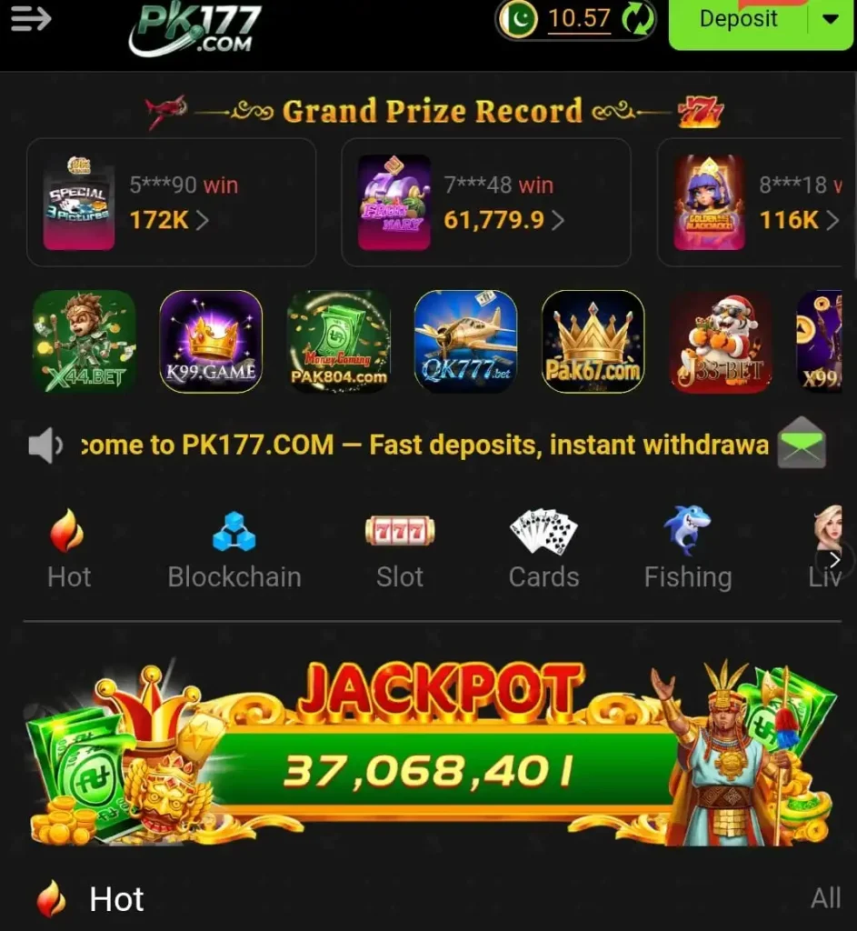 PK177 Game Download: (Best Earning App) In 2026 2 PK177.com app home screen showing jackpot banner, deposit option, and game categories