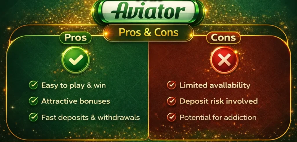PAK Aviator Download: Best Earning APP In Pakistan 5 PAK Aviator pros and cons infographic showing benefits like easy gameplay, bonuses, fast deposits and withdrawals, plus risks like limited availability and deposit risk