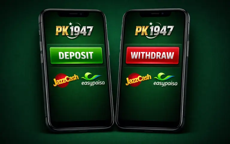 PK1947 Game Download APK (Real Earning App) in 2026 4 PK1947 game app showing deposit and withdraw options on two mobile screens with JazzCash and EasyPaisa logos on a dark green background.