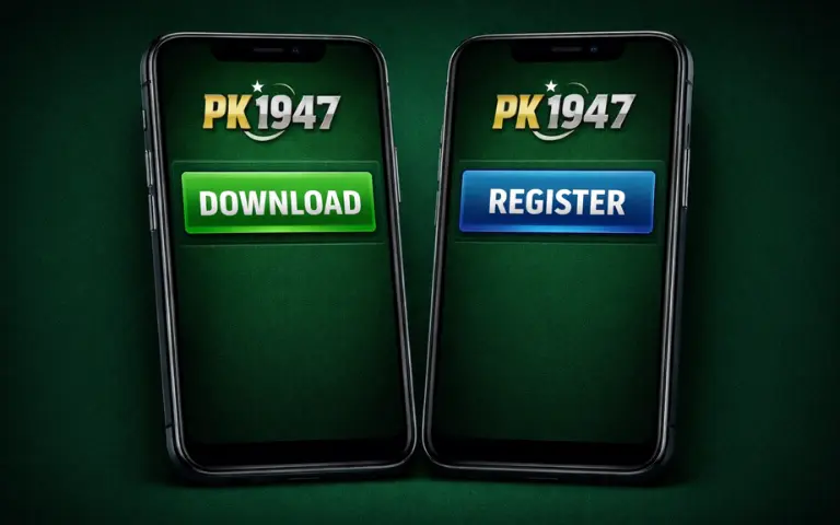 PK1947 Game Download APK (Real Earning App) in 2026 3 PK1947 game download and register screen showing two mobile phones with download and register buttons on a dark green background.