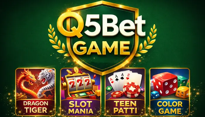 Q5Bet Game Download APK |Latest Version V1.1.64| in 2026 2 Q5Bet Game promotional banner showing the main logo at the top and four featured game varieties below: Dragon Tiger, Slot Mania, Teen Patti, and Color Game, on a rich green and gold background.