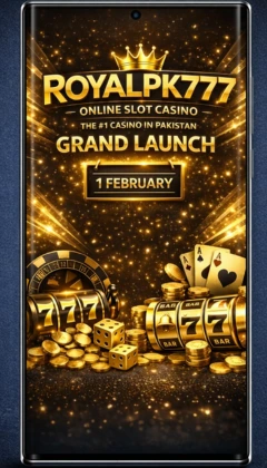 Royal PK777 Game Download Latest Version V1.1.64 2 Royal PK777 Game grand launch banner showing golden casino theme, RoyalPK777 logo, slot machine symbols, coins, cards, and launch date 1 February on a mobile screen.