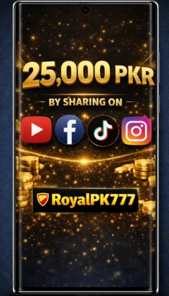 Royal PK777 Game Download Latest Version V1.1.64 3 Royal PK777 Game sharing bonus banner showing 25,000 PKR reward with social media icons YouTube, Facebook, TikTok, and Instagram on a mobile screen.