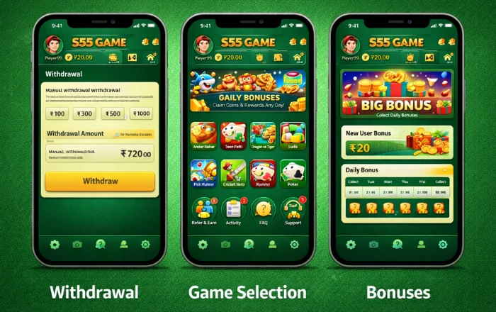 S55 Game Download: Best Earning Opportunity in Pakistan 2026 2 S55 Game features shown in three mobile screens on green background including withdrawal option, game selection dashboard, and bonus rewards section