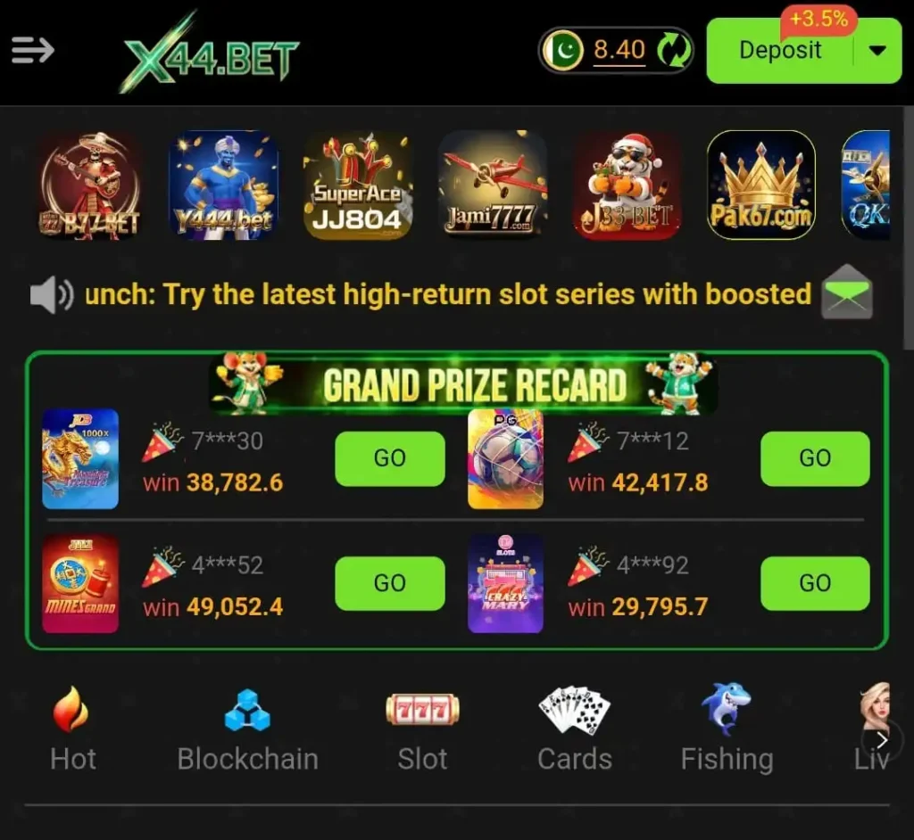 X44 Bet Game Download (Latest Earning APK) For Android & IOS 3 X44 Bet Game home screen showing deposit option and grand prize record winners list