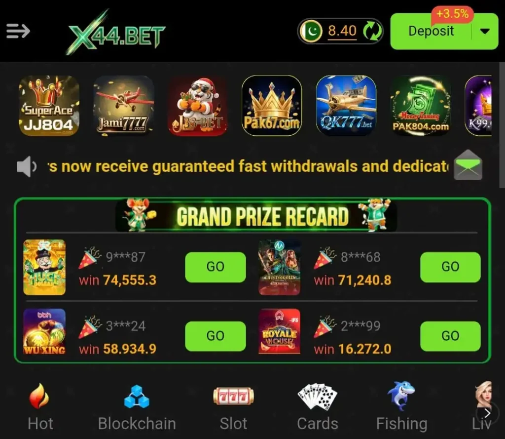 X44 Bet Game Download (Latest Earning APK) For Android & IOS 2 X44 Bet Game app home screen showing deposit button, game icons, and grand prize record section