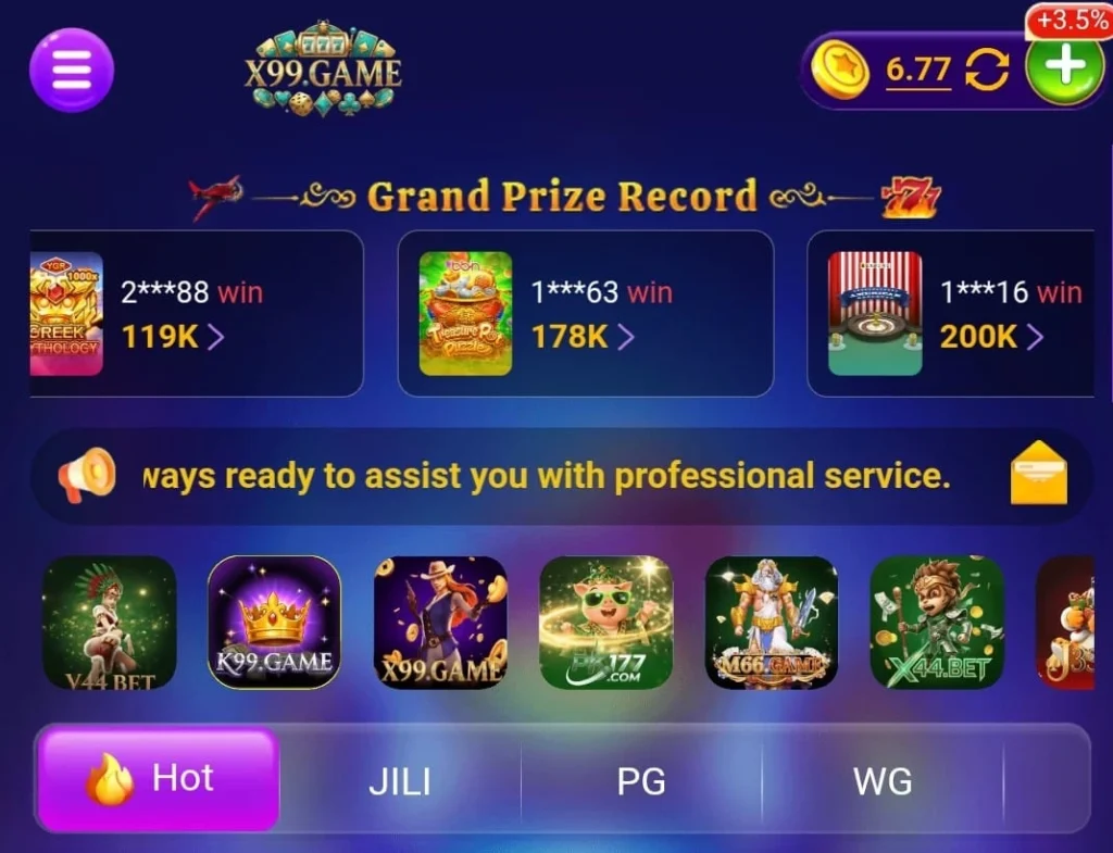 X99 Game Download Best (Earning App) In 2026 3 X99 Game Grand Prize Record screen showing recent wins, game icons, and Hot, JILI, PG, WG categories