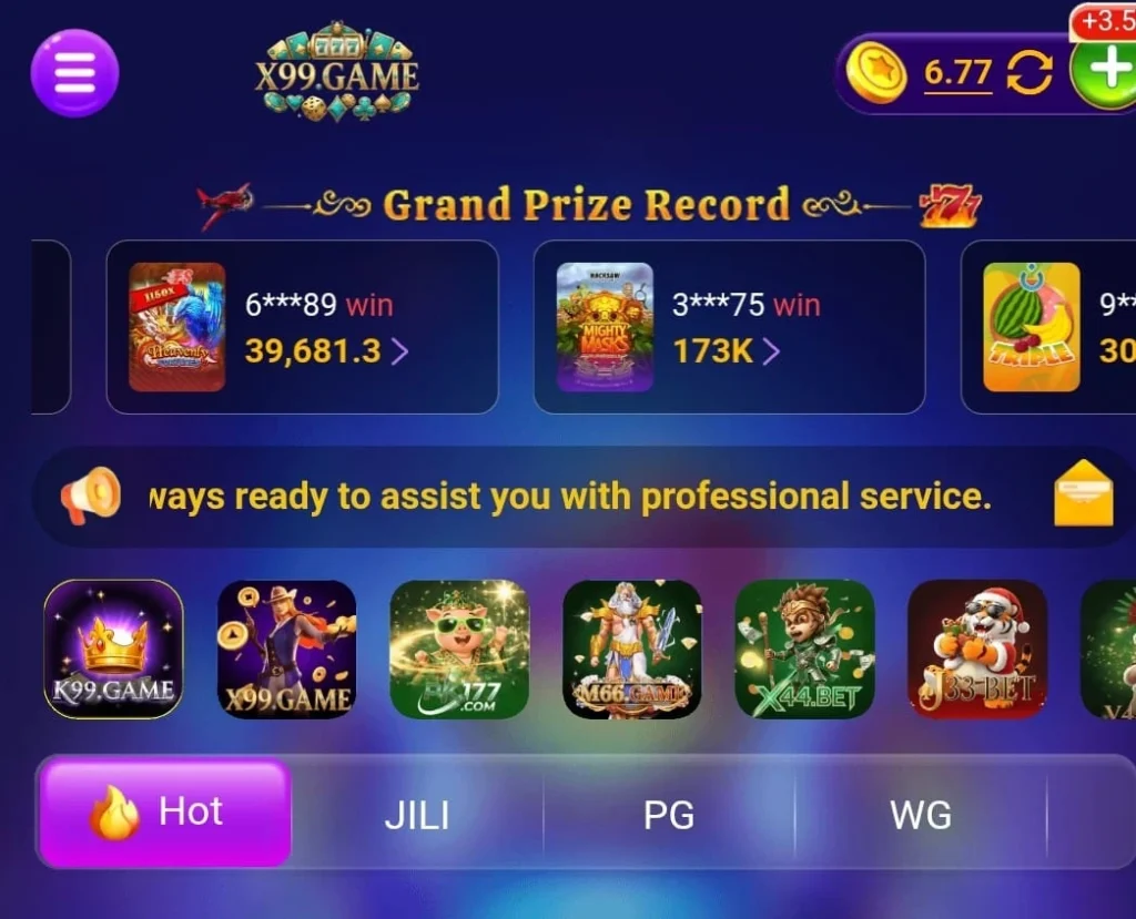 X99 Game Download Best (Earning App) In 2026 2 X99 Game app home screen showing Grand Prize Record, winning history, and hot casino game categories