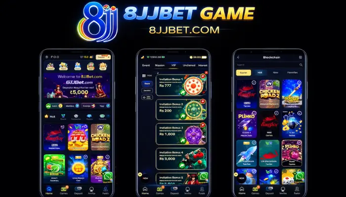 8JJBet Game Download (Real Earning App)2026 2 8JJBet Game mobile app interface showing games collection, bonus section, and rewards screen