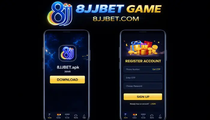 8JJBet Game Download (Real Earning App)2026 3 8JJBet Game download APK screen and registration page displayed on two smartphones