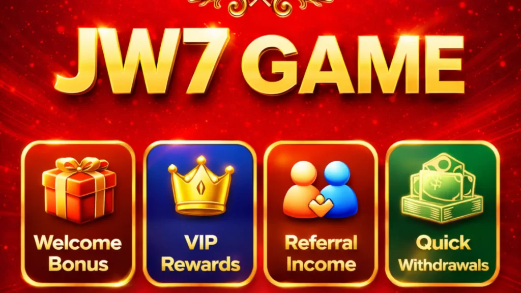 JW7 Game Download Latest Version V1.1.62 In 2026 2 JW7 Game promotional banner showing welcome bonus, VIP rewards, referral income, and quick withdrawals icons on red background