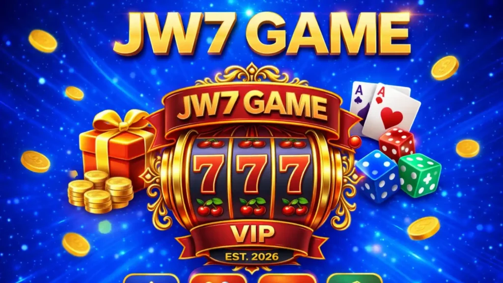 JW7 Game Download Latest Version V1.1.62 In 2026 3 JW7 Game VIP slot machine banner with triple 777 symbols, gold coins, playing cards, dice, and blue glowing background
