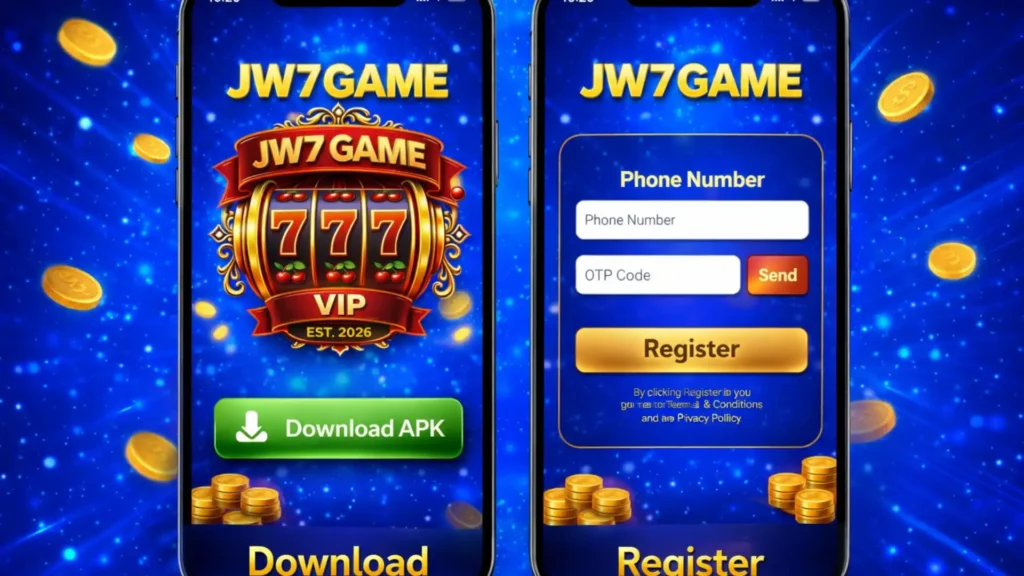 JW7 Game Download Latest Version V1.1.62 In 2026 4 JW7 Game download and register process shown on two smartphones with blue background and gold coins