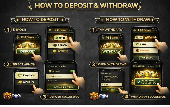 P88 Game Download Real Earning APK Latest Version V1.1.64 4 P88 Game step-by-step guide showing how to deposit and withdraw money using Easypaisa and JazzCash on a dark gray background.