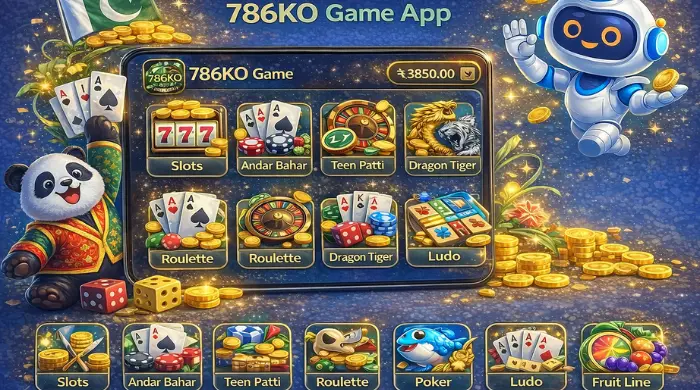786KO Game Download Best Earning App Latest Version V1.1.64 3 786KO Game App interface showing slots, Andar Bahar, Teen Patti, Dragon Tiger, Roulette, Ludo, and poker games with bonus coins and animated characters