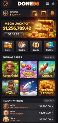 Done55 Game Download Top Best Earning App 2026 2 Done55 game mobile dashboard interface showing jackpot banner, game categories, and popular games section