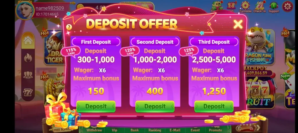 WA777 Game Download Best (Online Earning APK) in 2026 6 WA777 Game deposit offer screen showing first, second, and third deposit bonuses with percentage cash rewards, wager requirements, and maximum bonus limits.