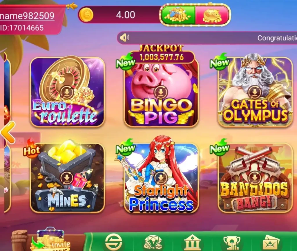 WA777 Game Download Best (Online Earning APK) in 2026 2 WA777 Game app interface showing popular casino-style games like Bingo Pig, Euro Roulette, Gates of Olympus, Mines, Starlight Princess, and Banditos Bang with live jackpot display.
