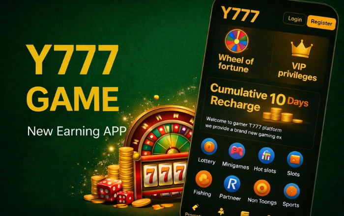 Y777 Game Download Latest Earning APP IN 2026 2 Y777 Game new earning app interface with slot machine, gold coins, and bonus features