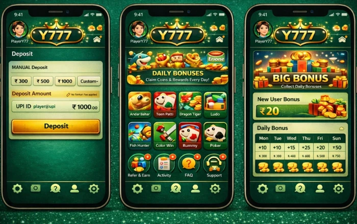 Y777 Game Download Latest Earning APP IN 2026 3 Y777 Game app screens showing deposit page, daily bonuses, and big bonus rewards