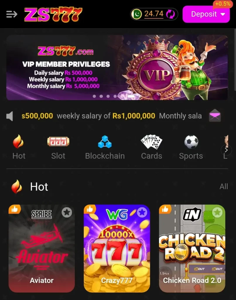 ZS777 Game Download APK Latest Version v1.1.62 2 ZS777 Game app interface showing VIP member banner, deposit option, wallet balance, and popular games like Aviator and Crazy777